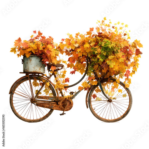 Autumn leaves adorn vintage bicycle, park setting