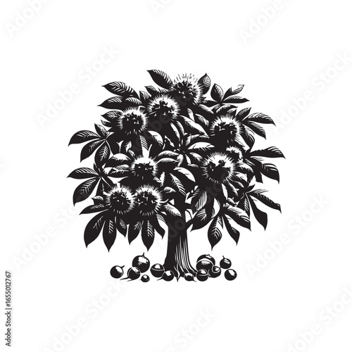 Black Color Chestnut Tree Silhouette Vector Illustration, Solid White Background.