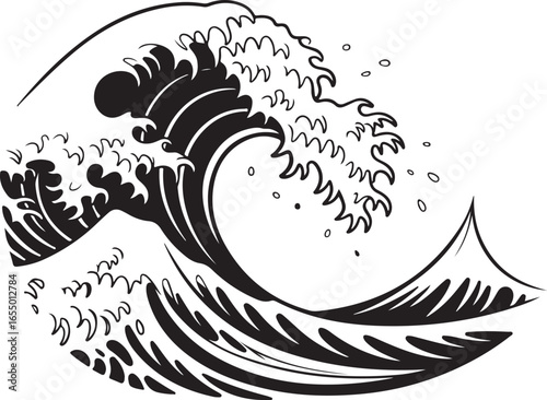 Japanese Great Wave with Boat and Mount Fuji in Black and White kanagawa japanese art