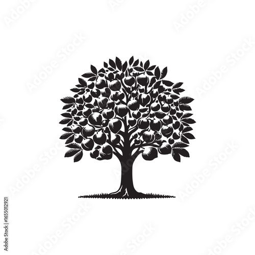 Black Color Chestnut Tree Silhouette Vector Illustration, Solid White Background.