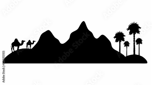 Silhouette of camels with riders mountains and palm trees creates a desert landscape scene view |  editable eps vectors