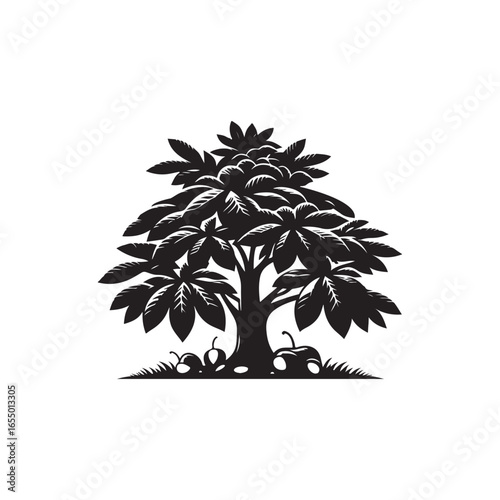 Black Color Chestnut Tree Silhouette Vector Illustration, Solid White Background.