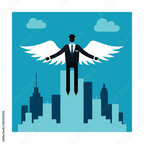 Figure With Angel Wings Above City Skyline Keywords: businessman, man, angel, wings, white