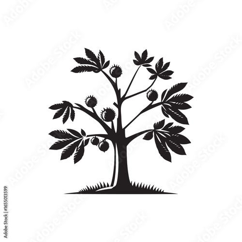 Black Color Chestnut Tree Silhouette Vector Illustration, Solid White Background.