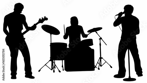Silhouette of a band performing with a guitarist drummer and vocalist on a white background stage scene |  editable eps vectors