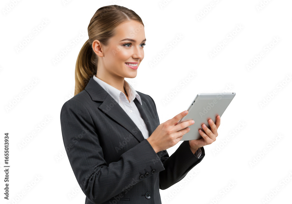 Professional woman in business suit uses tablet for work and communication transparent background Professional woman in business suit uses tablet for work and communication transparent background