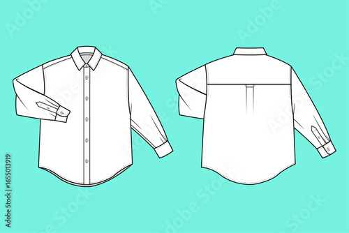 Men's Long Sleeve Formal Shirt Flat Sketch Apparel CAD Mockup Template Outline.