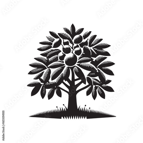 Black Color Chestnut Tree Silhouette Vector Illustration, Solid White Background.