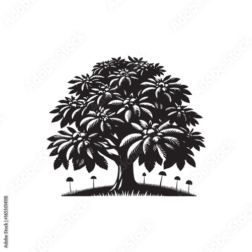 Black Color Chestnut Tree Silhouette Vector Illustration, Solid White Background.