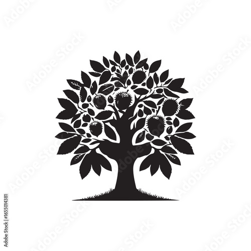 Black Color Chestnut Tree Silhouette Vector Illustration, Solid White Background.