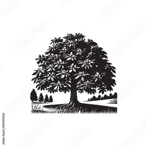 Black Color Chestnut Tree Silhouette Vector Illustration, Solid White Background.