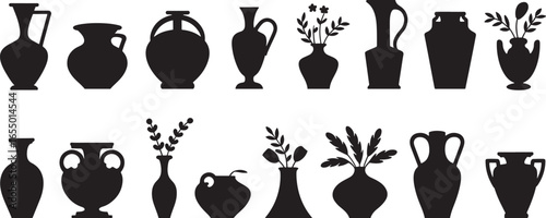 Black Silhouettes of Various Vases and Vessels with Plants and Flowers on White Background