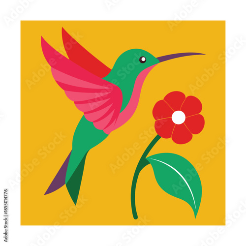 Hummingbird hovering near a red flower on yellow background