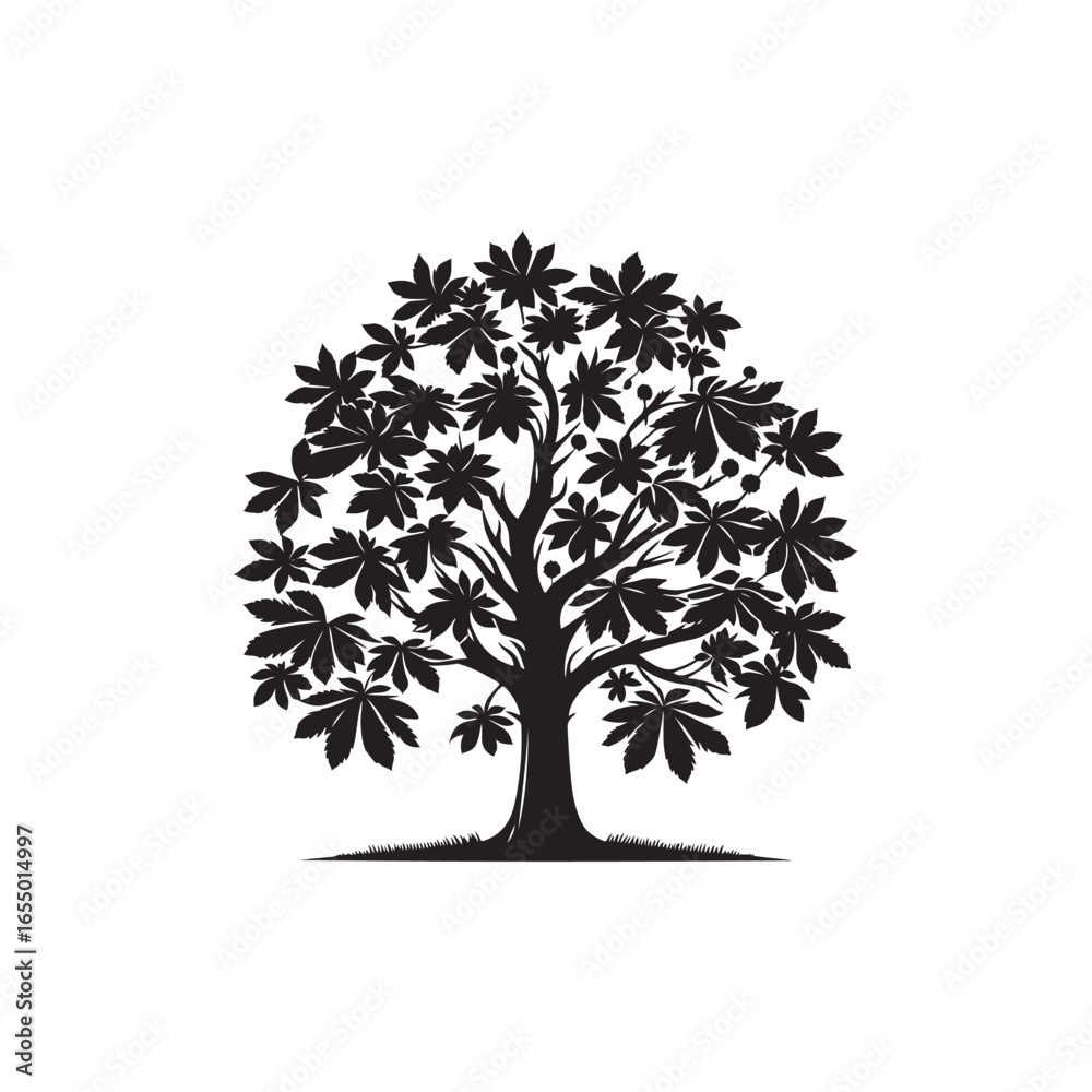 Obraz premium Black Color Chestnut Tree Silhouette Vector Illustration, Solid White Background.
