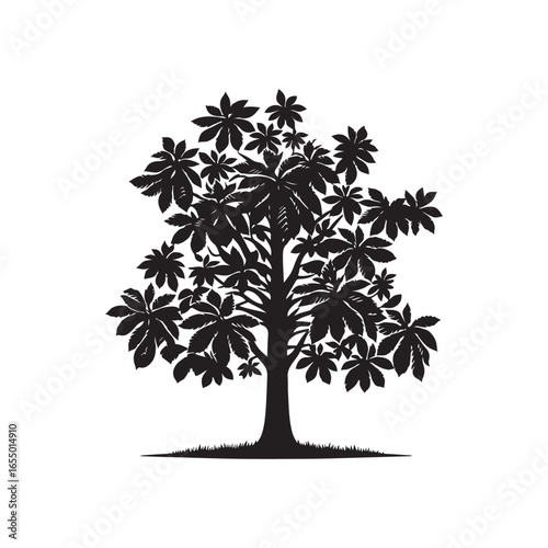 Black Color Chestnut Tree Silhouette Vector Illustration, Solid White Background.