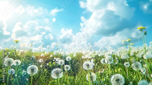 Beautiful bright natural image of fresh grass spring meadow with dandelions with blurred background and blue sky with clouds.