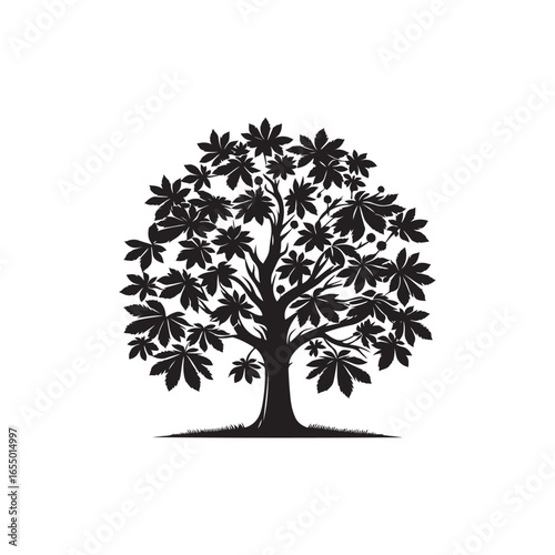 Black Color Chestnut Tree Silhouette Vector Illustration, Solid White Background.