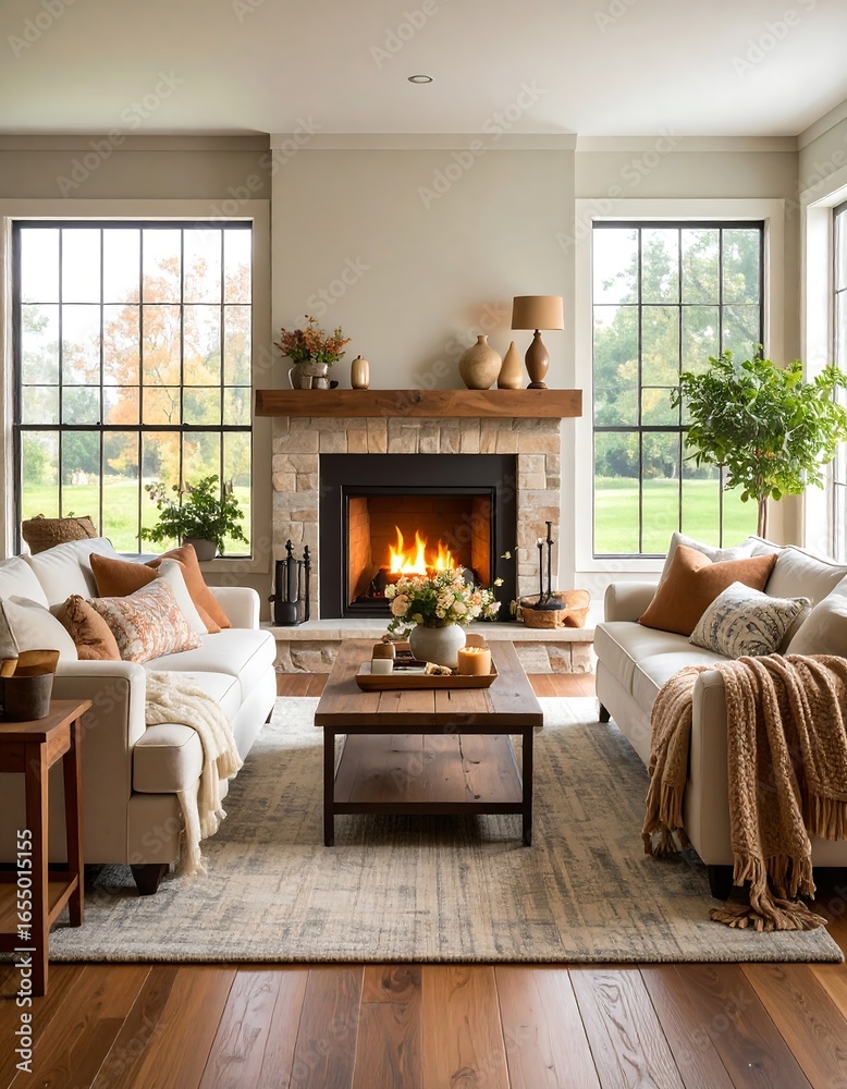 Fototapeta premium Cozy living room with fireplace and large windows