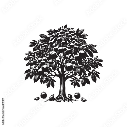 Black Color Chestnut Tree Silhouette Vector Illustration, Solid White Background.