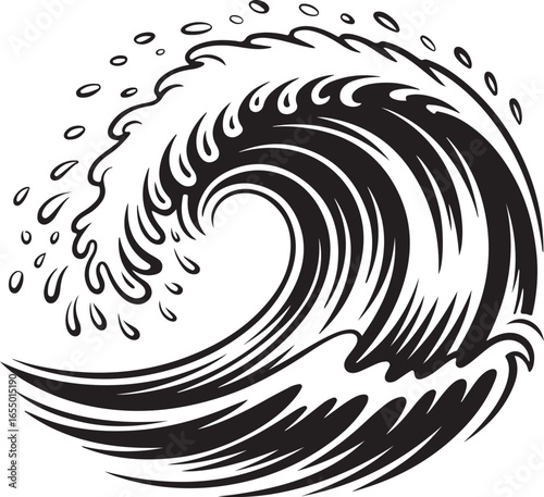Black and white illustration of a powerful curling ocean wave with spray water surf