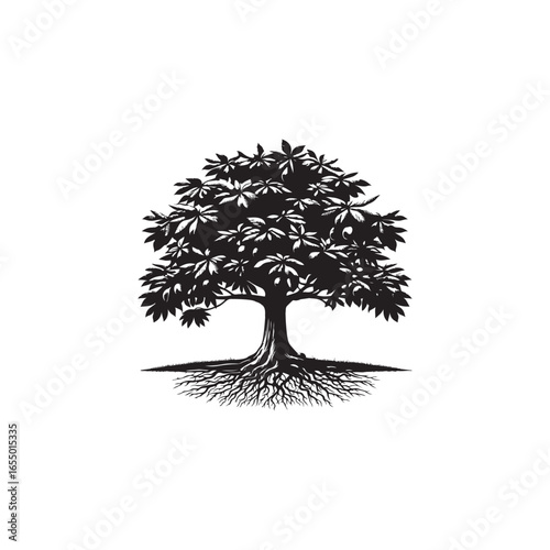 Black Color Chestnut Tree Silhouette Vector Illustration, Solid White Background.