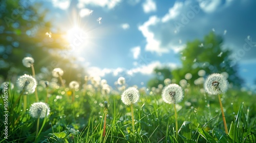 Beautiful bright natural image of fresh grass spring meadow with dandelions with blurred background and blue sky with clouds.