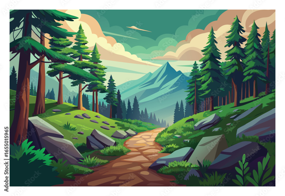Naklejka premium Scenic Mountain Trail Through Forest with Evergreen Trees and Cloudy Sky Landscape Illustration