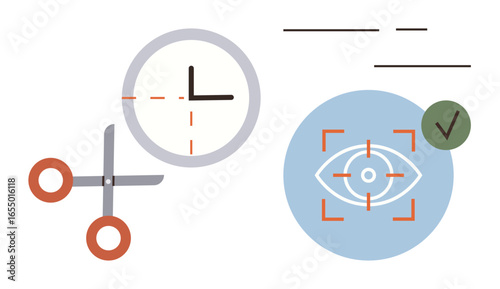 Scissors cutting into a clock, an eye in focus with task completion check. Ideal for time management, focus, productivity, goal setting, organization, workflow editing. Simple flat metaphor