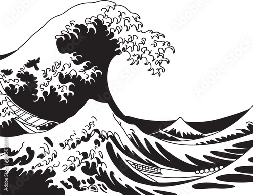Japanese Great Wave with Mount Fuji and Boats in Black and White ocean water