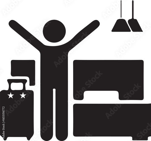 Happy person with luggage and furniture icons representing travel and moving