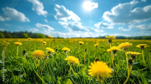 Beautiful meadow field with fresh grass and yellow dandelion flowers in nature against a blurry blue sky with clouds. Summer spring perfect natural landscape.