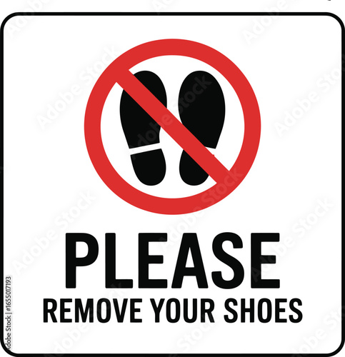 Vector Illustration: Please Remove Your Shoes Sign with Red Circle and Black Feet Icon for Clean Space Awareness.