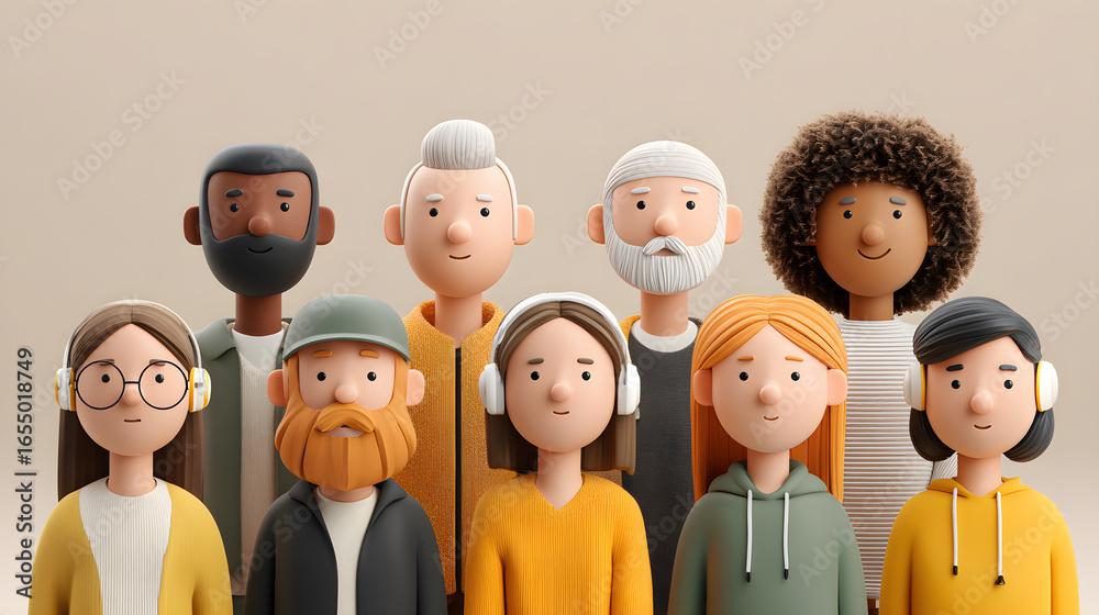 Naklejka premium A vibrant and diverse group of stylized 3D rendered cartoon characters showcasing a global community and human connection, representing various backgrounds and modern inclusivity.