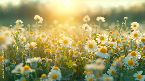 Beautiful summer natural background with yellow white flowers daisies, clovers and dandelions in grass against of dawn morning. Ultra-wide panoramic landscape, banner format.