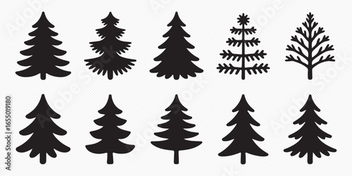 Christmas tree silhouette clipart set. Black Christmas tree drawing clip art collection in white background for xmas season pine tree flat icon decoration vector illustration.