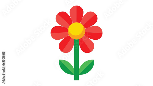 Red Flower: A simple and charming illustration of a vibrant red flower with a yellow center and green stem and leaves. Depicting a minimalist approach to nature's beauty.