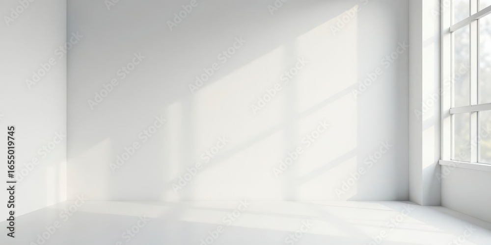 Fototapeta premium Sunlit Empty Room Corner with White Walls and Large Window Showing Light and Shadow Patterns