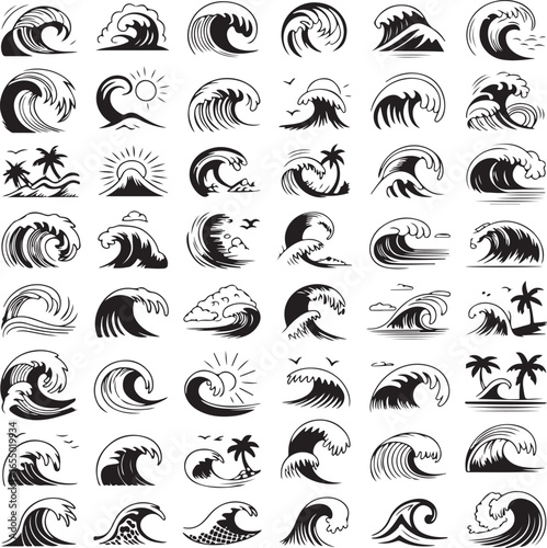 Collection of fifty stylized black and white ocean wave illustrations water surf