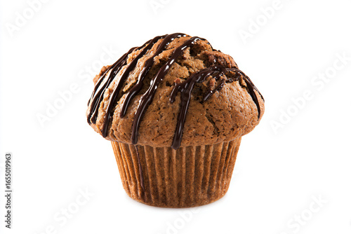 a chocolate muffin with chocolate drizzle on top