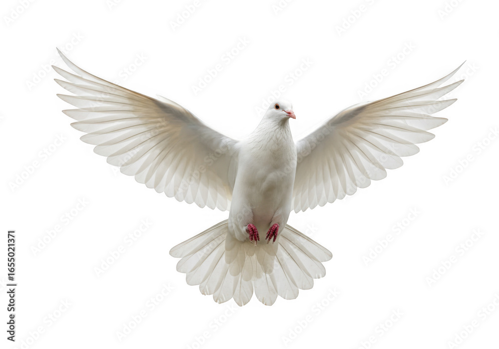 Fototapeta premium Elegant white dove in flight symbolizing peace and hope with extended wings transparent background