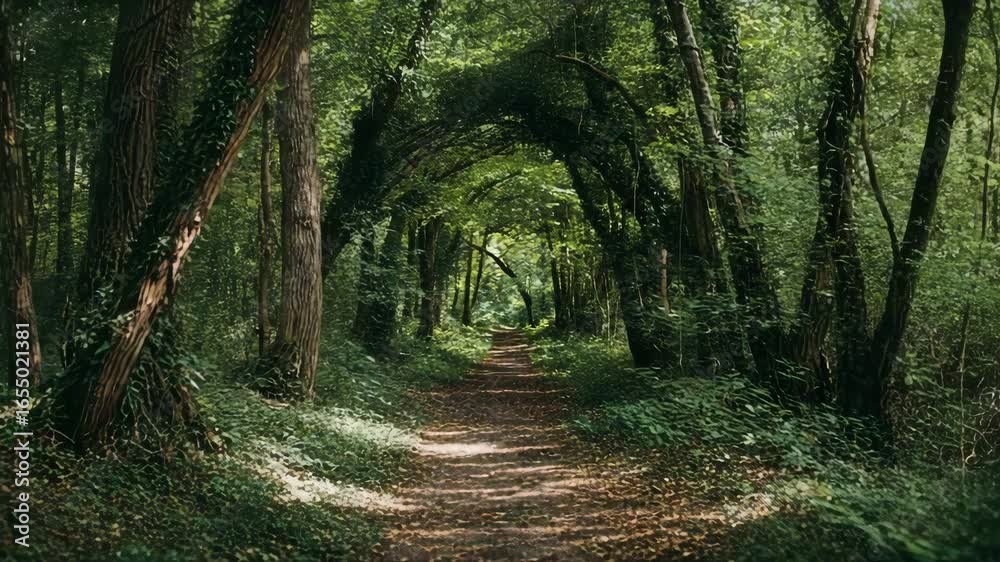 Lush green forest path with trees arching overhead in summer