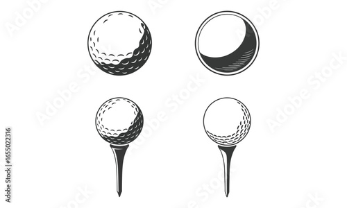 Black and white minimalist illustration of golf balls and tees arranged in a grid with clean line art sporty design