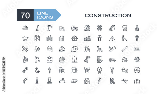Collection of 70 minimalist line icons depicting construction tools, equipment, building elements, safety gear, and heavy machinery