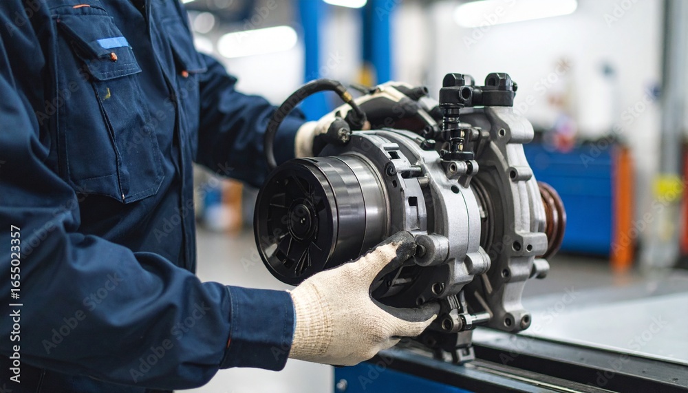 Fototapeta premium Mechanic's Hands Inspecting a Car Engine Component in Automotive Workshop