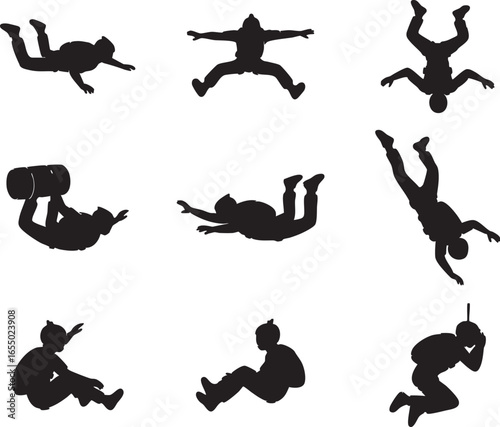 Skydivers Silhouette Vector Set. Freefall and Parachuting Icons.