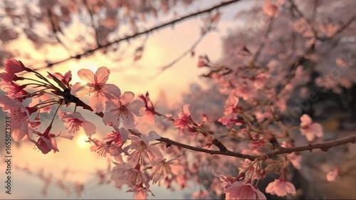 Cherry blossom branches in bloom during sunset by the water  