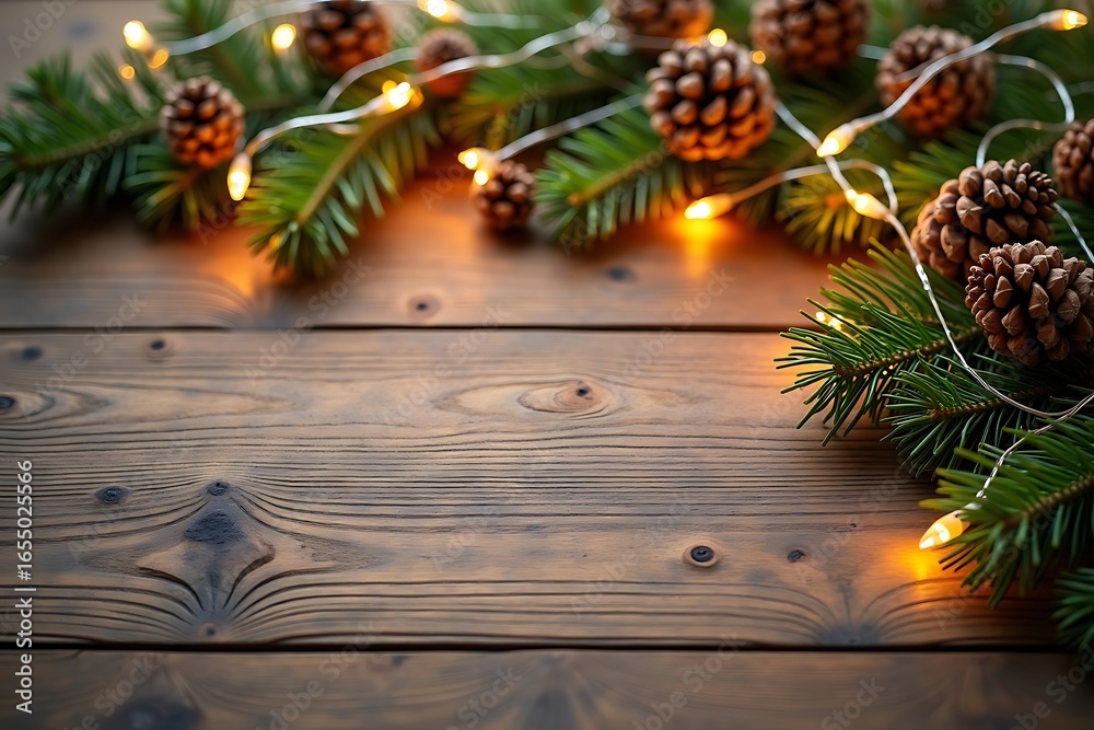 Fototapeta premium Rustic christmas garland with pinecones and twinkling lights on wood