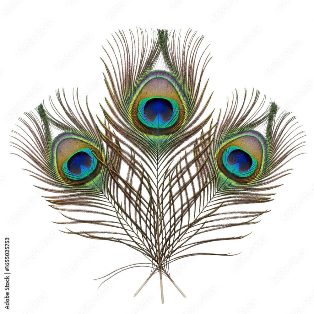 Obraz premium Three vibrant peacock feathers isolated on transparent background