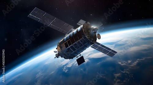 Wallpaper Mural modern engineered satellite featuring extended solar arrays orbiting silently above Earth’s surface in a detailed space infrastructure scene spaceship and planet Torontodigital.ca