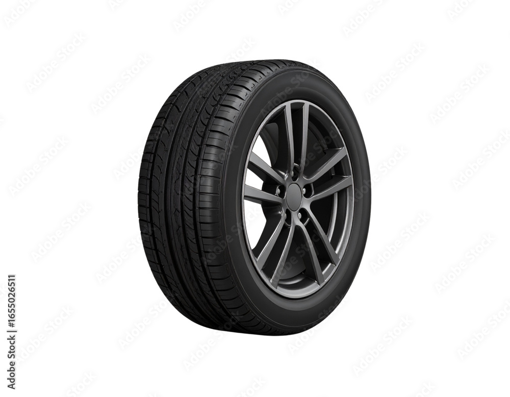 Single Car Tire with Detailed Tread Pattern, Isolated on White Background Single Car Tire with Detailed Tread Pattern, Isolated on White Background